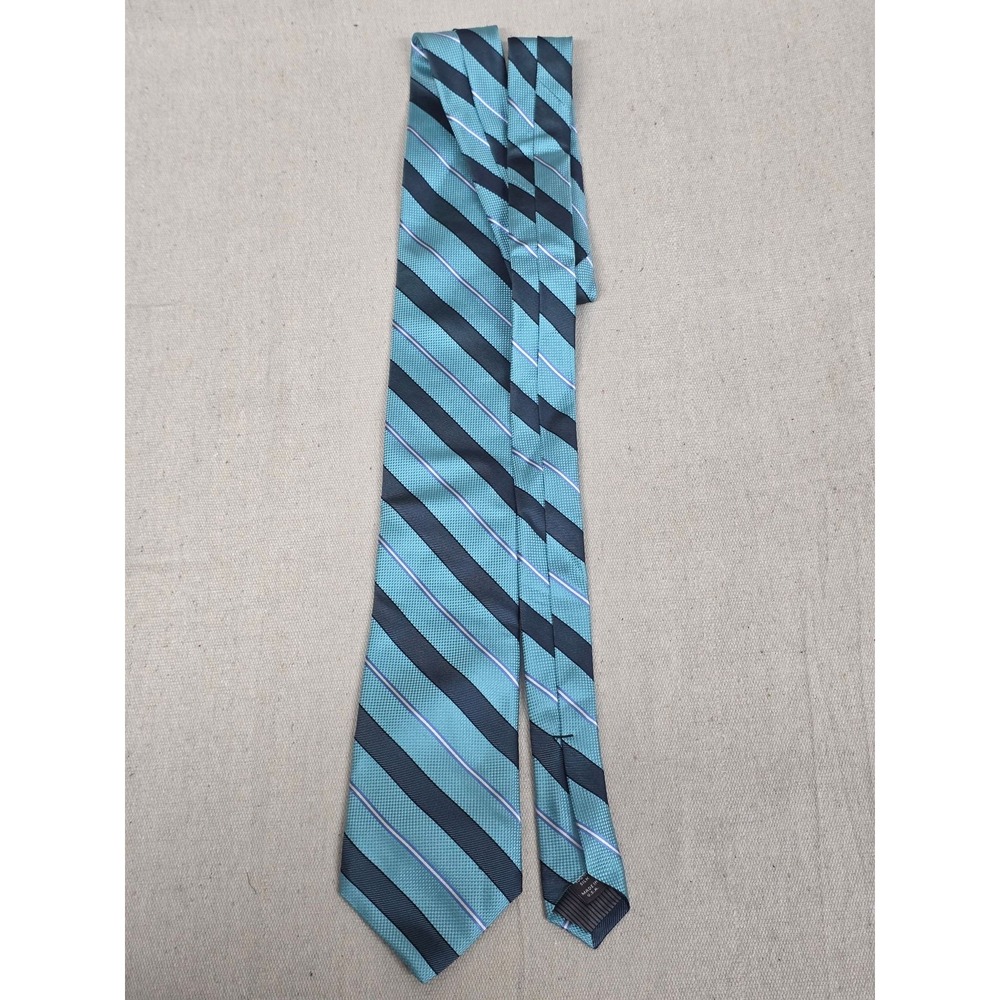 Nordstrom Mens Silk Necktie Teal Navy Blue White Diagonal Striped Made in USA‎